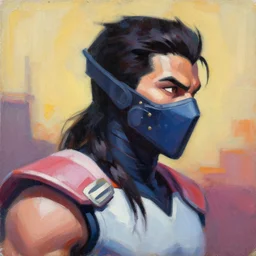 greg manchess portrait painting of mileena from mortal kombat wearing a halfmask covering her mouth as overwatch character, medium shot, asymmetrical, profile picture, organic painting, sunny day, matte painting, bold shapes, hard edges, street art, trending on artstation, by huang guangjian and gil elvgren and sachin teng