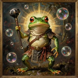 anthropomorphic bipedal frog that is dressed as a medieval barbarian, and wielding a club weapon, as a renaissance oil painting and d & d character art, by alex grey, standing, fullbody, floating bubbles, enlightenment, mystic, concept art, award - winning, extremely detailed, sharp focus