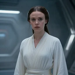 film still of!!!! millie bobby brown!!! as princess leia in star wars movie, hair pulled back, closeup portrait, wearing long white robe, deep focus, exploring interior of a spaceship, glamour pose, dramatic lighting, octane, mist, volumetric lighting, 8 k