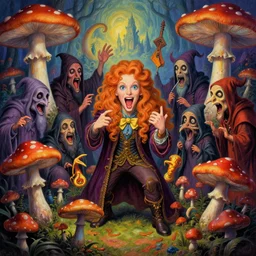A psychedelic portrait of you are attacked by a group of crooked mushroom theurges , vibrant color scheme, highly detailed, in the style of romanticism, cinematic, artstation, Moebius, Greg rutkowski futurism, no blur, 4k resolution, sharp ages, ultra detailed, style of John Berkey, Norman Rockwell, Hans Thoma, Ivan Shishkin, Tyler Edlin, Thomas Kinkad