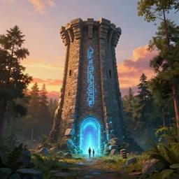 A landscape with a giant stone brick tower with pillars on top at sunset, forest, magical portal, cyberpunk, glowing runes, Low level, rendered by Beeple, Makoto Shinkai, syd meade, simon stålenhag, environment concept, synthwave style, digital art, unreal engine, WLOP, trending on artstation, 4K UHD image, octane render,