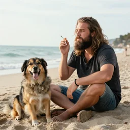 bearded italian man with long hair smoking a cigarette on the beach, sitting next to his dog