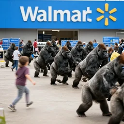 cctv footage of a herd of gorillas raiding a walmart with people running away