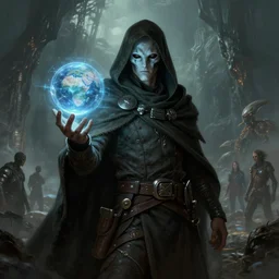 rogue male wearing a cloak on an alien world and holding a holographic planet projection in his hand, masked face, detailed, sci - fi, digital painting, artstation, sharp focus, illustration, ominous, artgerm, tomasz alen kopera, peter mohrbacher, donato giancola, joseph christian leyendecker, wlop, frank frazetta