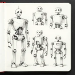 sketches of robots, on a notebook page, pencil, by Peter Mohrbacher technical drawing