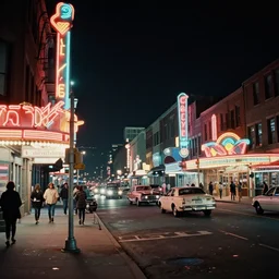 color street view in america of market district at night, from 1 9 6 8, retro futurism on film