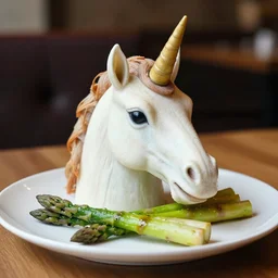 food photography of a german roasted unicorn head served with asparagus