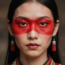 portrait of a stunningly beautiful asian tribal female, red facepaint over the eyes in a wide stripe, depth of field, zeiss lens, detailed, symmetrical, centered, fashion photoshoot, by Annie Leibovitz and Steve McCurry, David Lazar, Jimmy Nelsson, Breathtaking, 8k resolution, extremely detailed, beautiful, establishing shot, artistic, hyperrealistic, beautiful face, octane render