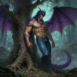 god of magic musclebound shadow demi - dragon man wearing jeans leans against a magical tree romance novel fantasy artwork epic detailed and itricate digital painting trending on artstation by wlop octane render
