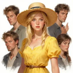 blond dafne keen with straw hat and yellow dress, highly detailed, digital painting, artstation, concept art, sharp focus, illustration, art by aleksi briclot and greg rutkowski and raphael lacoste and magali villeneuve