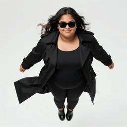 thick chubby dark - skinned filipina superhero, long black trench coat, sunglasses, sly grin, fully clothed, exaggerated perspective, flying toward camera, beautiful detailed face, bright blue hair, action pose, comic book style, highly detailed, dynamic shadows, dynamic lighting, geoff johns, jason fabok, jason fabok, brad anderson, splash art