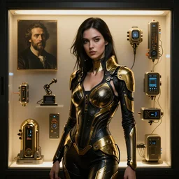 beauty woman wrapped in black and gold, Blade runner artifacts, electronic case display, cyberpunk tech, ultrarealistic, futuristic, back lit, dramatic lighting, electrical details, high details, 4k, 8k, best, accurate, trending on artstation, artstation, photorealism, ultrarealistic, digital painting, style of Peter Mohrbacher, Caravaggio, Caravaggio, Boris Vallejo, Hajime Sorayama