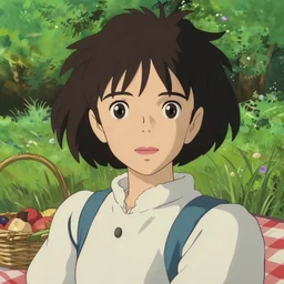 portrait of a woman having a picnic in a lush park, ilya kuvshinov face in focus, highly detailed, cel shading, digital painting, anime key visual, in the style of hayao miyazaki and alphonse mucha