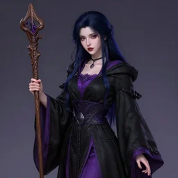 Pretty Sorceress, wearing Black and purple robes, Dark blue hair, magic wooden staff, fully covered, Dark fantasy, romantic lead, pretty face, trending by artstation, artstationhd, artstationhq, matte painting