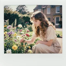 high angle view photograph girl picking up flowers in a garden, near county house, country style. neutral colors, beige colors, sunlight, golden hour, Bleach pastel colors, soft lights, polaroid, vintage, High-key lighting In style of simplified realism lisa yuskavage, Steve Hanks