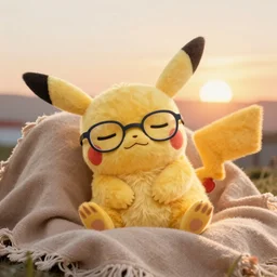 renaissance style, sleeping raichu, glasses, happy, photoshoot lighting, sunset, blanket, HD, -4 n