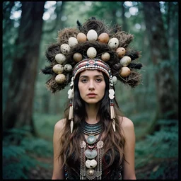 woman in a headdress made of nests and eggs, stands in a magical forest cinematic, Kodak Portra 800 film