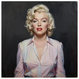 epic painting drawing, full figure portrait of beautiful supermodel marilyn wearing pastel blouse, long wavy hair, dark smoky background, photography by amy leibowitz, wlop, jeremy lipkin, beeple, intricate, symmetrical front portrait, artgerm