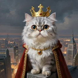 a fantasy painting of an anthropomorphic silver! brindle persian cat with very big! round! eyes! wide!, as a renaissance! king! with crown in head, standing on a skyscraper overlooking a vast city, cinematic, beautiful lighting, dramatic