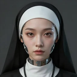 a portrait of an lonely cyber nun, elegant, focus, detailed, realistic eyes, horizontal partial symmetry features proportions, intricate facial skin details, cybertech, award winning, trending in cgsociety artstation deviant art