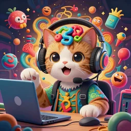cute cat programmer in headphones as personification of mind drug madness, 2 d hyper detailed drawing by obsessed man, digital art, intricate, highly detailed figure, sharp focus, lsd trip, colorful composition, joyful, crazy hallucinating, unreal engine