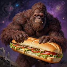 bigfoot eating a 6 foot long sub sandwich, cosmic horror painting, elegant intricate digital painting artstation concept art by mark brooks and brad kunkle detailed