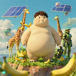 studio ghibli, bananas, island, fat giraffes, solar, green technology, optimist future by asher durand. intricate artwork by tooth wu and wlop and beeple and dan mumford and greg rutkowski and nekroxiii. halo. octane render, cinematic, hyper realism, octane render, 8 k, depth of field, bokeh. iridescent accents. vibrant