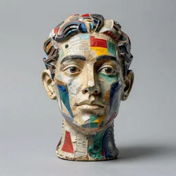 studio photograph of a mixed media surrealist sculpture of a human head by cesar baldaccini, francis bacon and cy twombly, 3 5 mm, leica