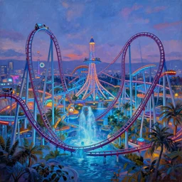 view of modern futuristic amusement park, roller coaster, water park, detailed luminescent oil painting 4 k
