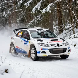 a 2 0 0 9 lola b 0 9 / 8 6 mazda, racing through a rally stage in a snowy forest