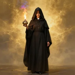 ( a priestess with a hood that covers half her face carries an incense burner that emits a pleasantly colored flame. ) by anato finnstark, photorealistic, full body portrait, dynamic lighting, beautiful, trending on artstation, wallpaper, 4 k, award winning, digital art, golden hues, dream background