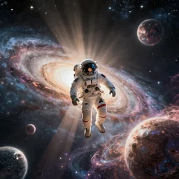 astronaut cosmonaut discovery of new worlds of galaxies panorama, fantasy portal to far universe. astronaut space exploration, gateway to another universe, cinematic view, epic sky, detailed, concept art, low angle, high detail, warm lighting, volumetric, godrays, vivid, beautiful, trending on artstation, by jordan grimmer, huge scene, art greg rutkowski