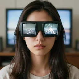 portrait of a young woman with tvs for eyes