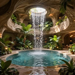 interior view looking over a holistic birthing center, natural waterfalls and soaking pools, indoor tropical plants, wavy organic walls and architecture, natural sunlight,