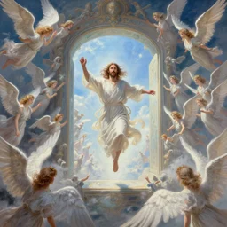 jesus looking into a portal hopping and time warping with reckless abandon, surrounded by thousands of angels, masterpiece digital painting by Greg Rutkowski, Alex Grey, artstation, 4k wallpaper