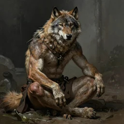 Portrait of a rugged werewolf sitting down, male, muscular, detailed face, bare thighs!!!, simple clothing!!!!!, fantasy, medieval, highly detailed, cinematic lighting, digital art painting by van Gogh