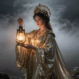 queen of the fog with her lantern by Annie Swynnerton and Nicholas Roerich and jean delville, strong dramatic cinematic lighting , ornate headdress , flowing robes, lost civilizations, smooth, sharp focus, extremely detailed