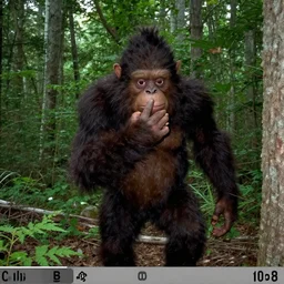 a sasquatch looking into a trail cam, picking his nose