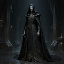 portrait, a very wealthy tall and thin hooded, robed alien space elf, in a long dark flowing ornate fancy cloak, on dark ancient starship corridor, science fiction, gothic, intricate, elegant, illustration, digital painting, 8 k, fine detail, art by greg rutkowski, frank frazetta, jack kirby, albert aublet, frank herbert, and alphonse mucha