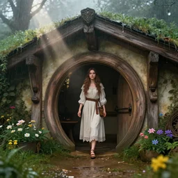 beautiful brunette girl in a medieval hobbit home, ornate, beautiful, atmosphere, vibe, mist, rain, wet, rain drops, puddles, forest, flowers, concept art illustration, color page, 4 k, tone mapping, doll, akihiko yoshida, james jean, andrei riabovitchev, marc simonetti, yoshitaka amano, digital illustration, greg rutowski, volumetric lighting, sunbeams, particles