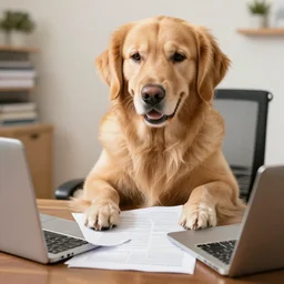 golden retriever doing his taxes