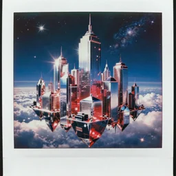 analog polaroid portrait of a floating chrome city, Hajime Sorayama, sheen, red reflections, unreal engine, azure sky, big clouds visible, sunlight, reflection, sparkles, space, stars, nebula, lensflare, film grain, depth of field, color bleed