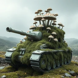 a bio - mechanical hairy dystopian tank with mushrooms as camuflage