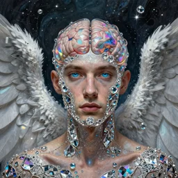 realistic extremely detailed  photo style portrait painting of an average angel man with exposed diamond 3d fractal lace iridescent bubble 3d skin clear brain , retro futuristic ,water , style hybrid mix of beeple,Anton Pieck,Jean Delville, Amano,Yves Tanguy, Alphonse Mucha, Ernst Haeckel, Edward Robert Hughes,Stanisław Szukalski and  Roger Dean, rich moody colors,diamond dust glitter and sparkles, holographic krypton ion,blue eyes,octane render,4k,f32