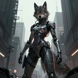 a urban dark fantasy edgy cyborg female humanoid anthropomorphic wolf posing heroically in the style of anti - art in the style of jean giraud trending on artstation deviantart pinterest furaffinity