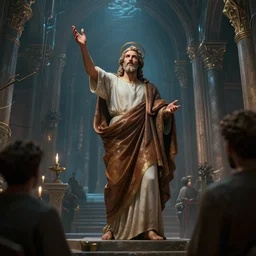the apostle paul preaching in the church of ephesus, style artstation, style greg rutkowsk, octane render, unreal engine 6, epic game graphics, fantasy, ciberpunk, conceptual art, ray tracing