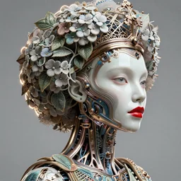 complex 3 d render, hyper detailed ultrasharp beautiful biomechanical mandelbrot fractal steampunk mesh wire female cyborg portrait with a porcelain profile face, albino afro, red lips, rim light, filigree elegant crown with embroidery hydrangea filigree foliage leaves stems roots, alexander mcqueen haute couture, art nouveau fashion embroidered, anatomical, facial muscles, hyper realistic, octane render, volumetric lighting, 8 k