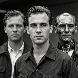 old black and white photo, 1 9 3 3, depicting blade runner and replicant, ultra realistic face, leica, historical record, dramatic lighting 1 2 3 2