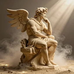 statue of achilles, made of sand, octane render, volumetric effects, smoke, light rays, rim light, thinking pose