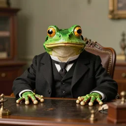 2 0 megapixels, aristocratic, vintage photo of an anthropomorphic frog wearing a suit sitting behind a victorian desk, 1 9 4 0, professional photography, ultra detailed, beautiful, precise, close up